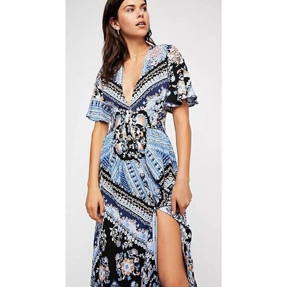 Free People Coco Printed Maxi Dress Blue Black Open Back Small - Picture 5 of 15